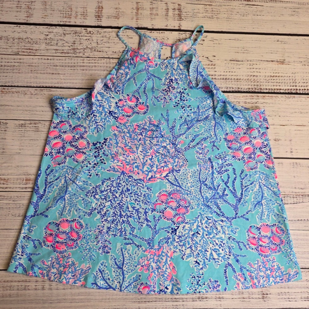 Lilly Pulitzer Womens Large Blue Pink Coral Reef‎ Billie Halter Ruffle Tank Top